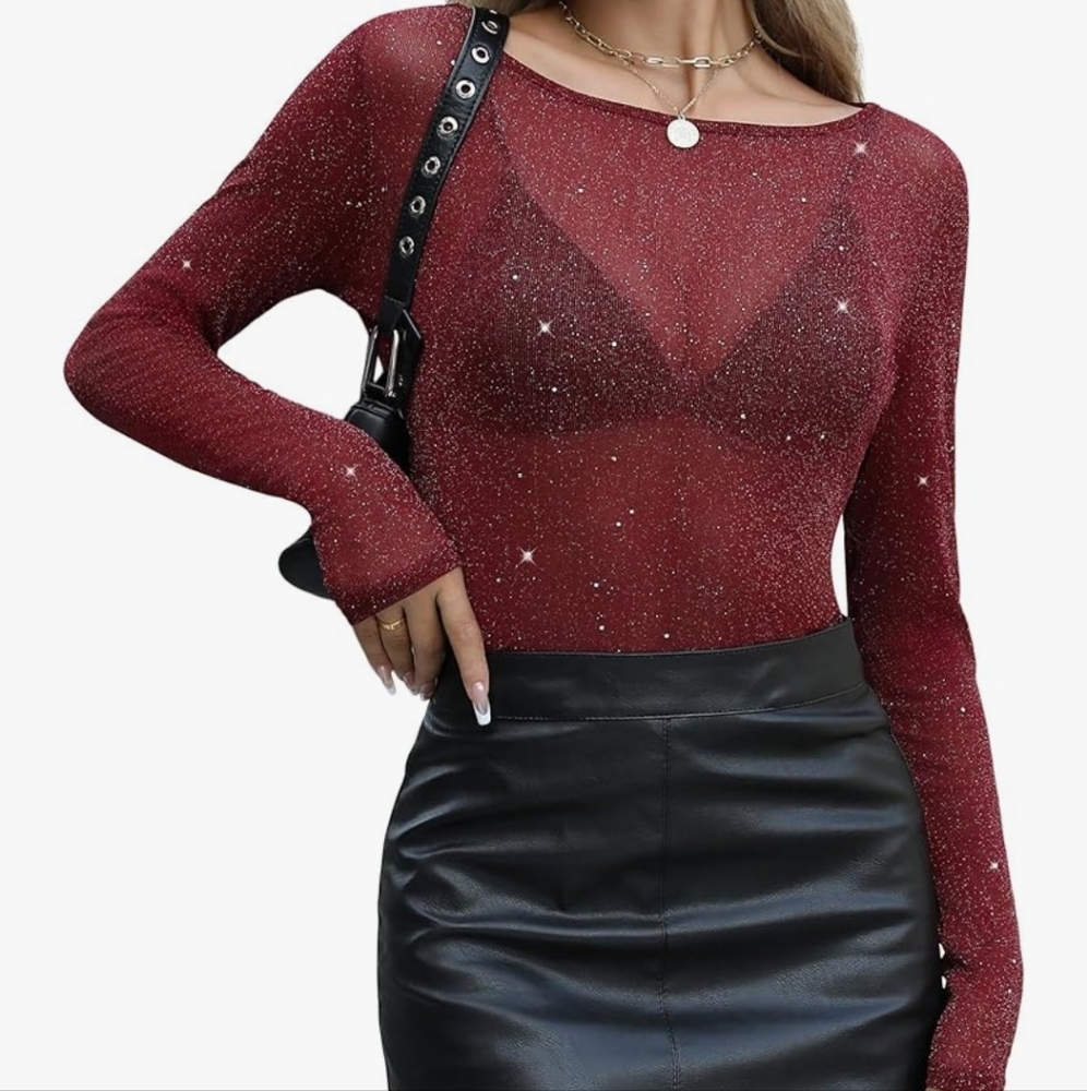 See Thru Boat Neck Diamond Layering Top Size Extra Large